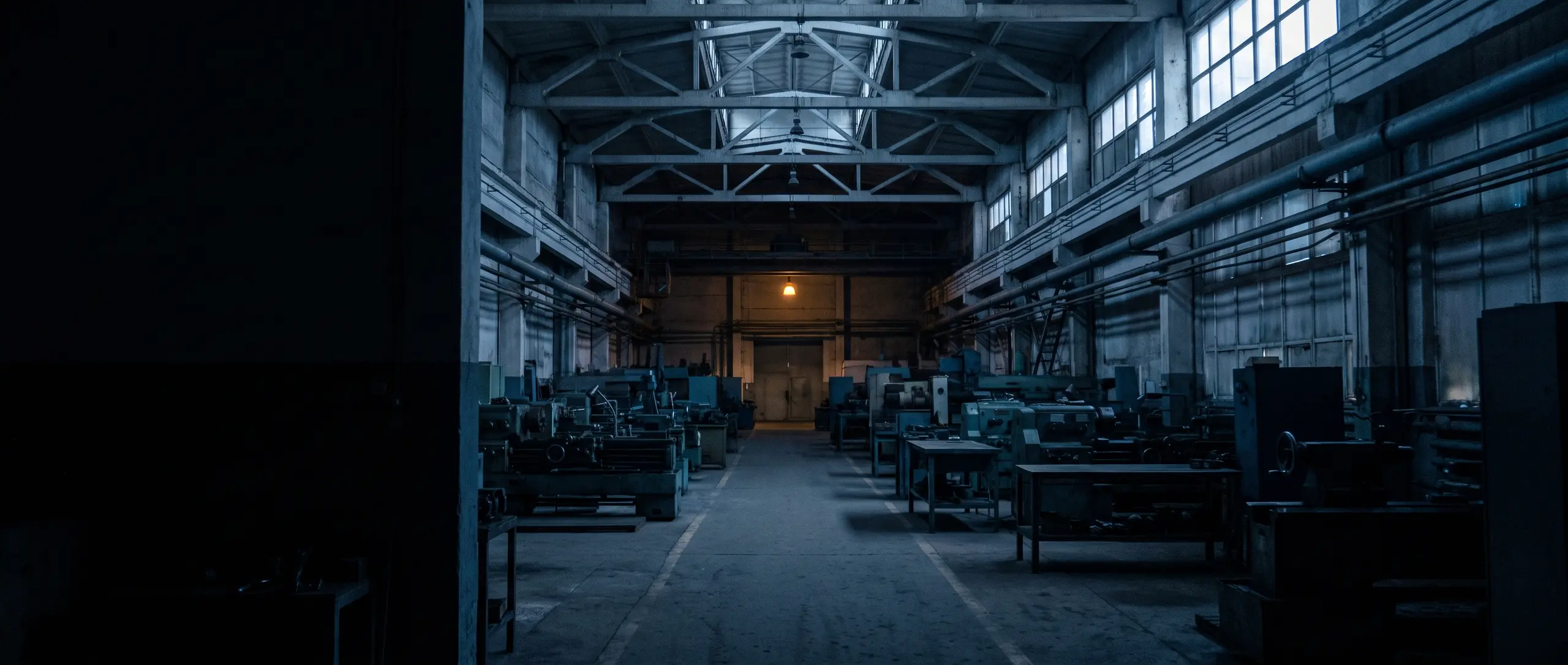 Atelier de production à l’arrêt la nuit, machines en enfilade