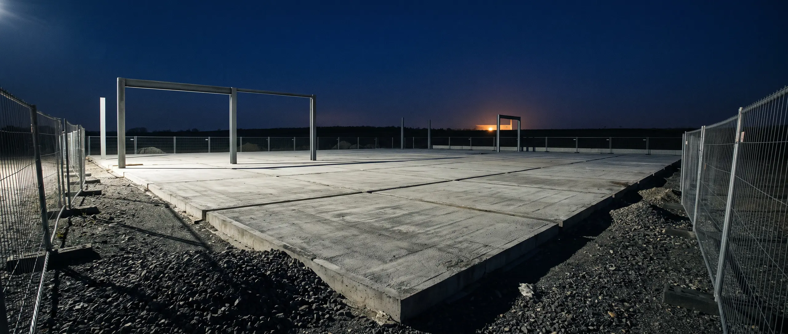 Plateforme extérieure vide, dalle béton et clôture, à l’heure bleue